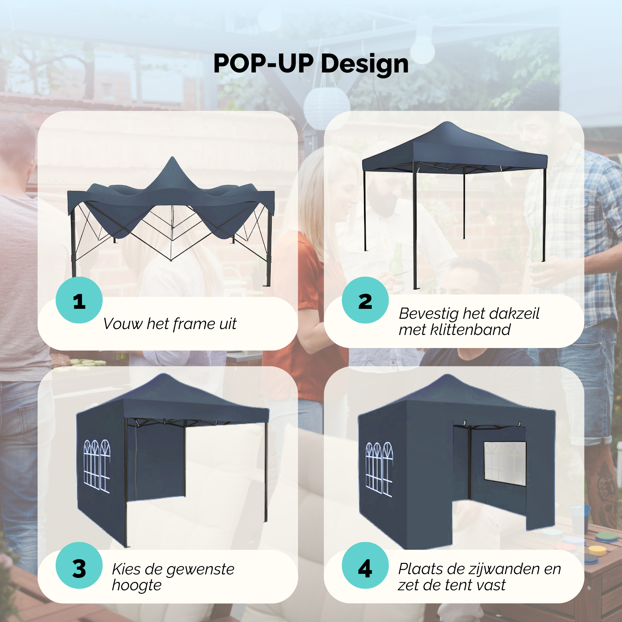 Qualytents - Partytent Luxe - Easy up - 3 x 3m - Paviljoen met Zijpanelen - Opvouwbaar - Waterdichte Tent - In Hoogte Verstelbaar - Blauw - Extra stevig