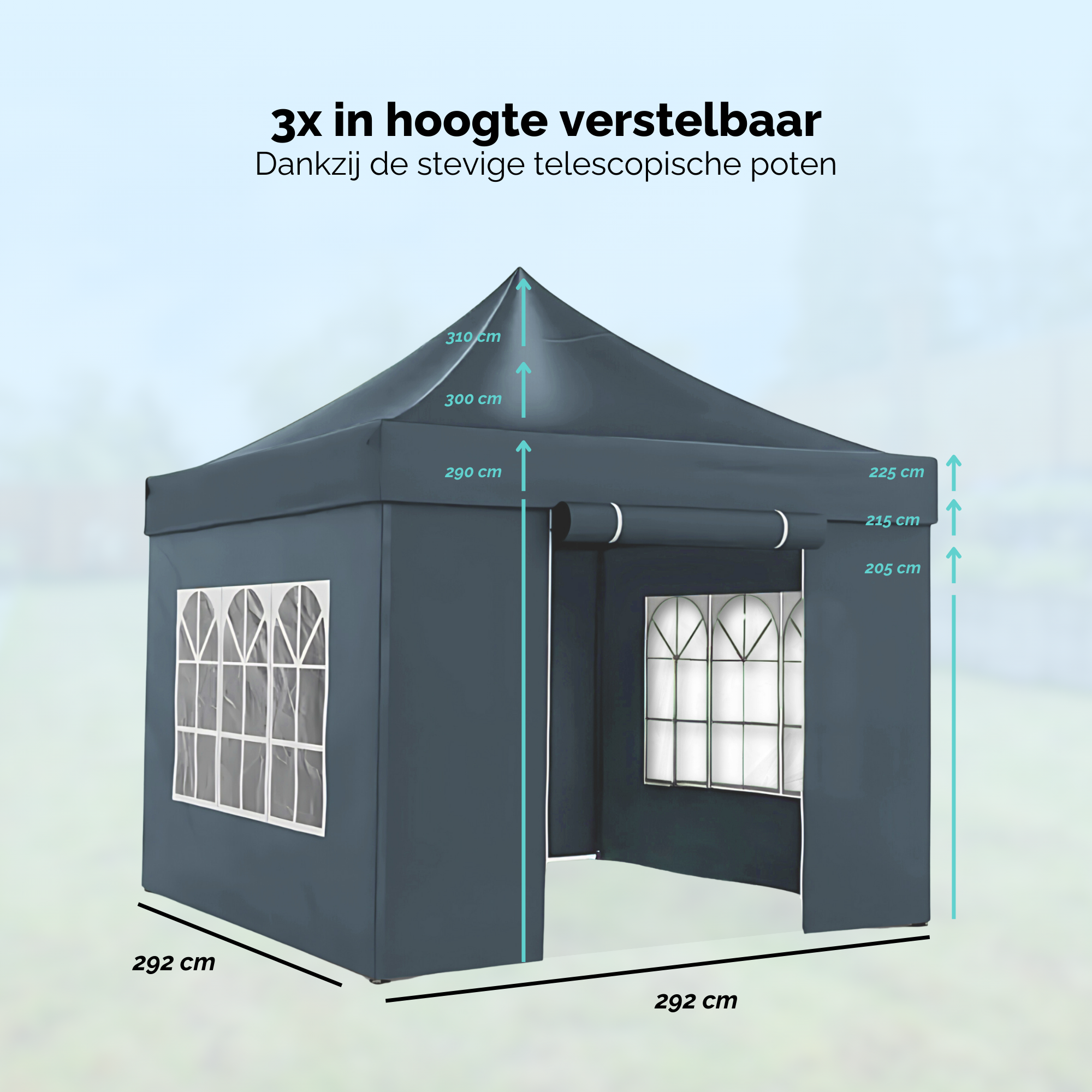 Qualytents - Partytent Luxe - Easy up - 3 x 3m - Paviljoen met Zijpanelen - Opvouwbaar - Waterdichte Tent - In Hoogte Verstelbaar - Blauw - Extra stevig